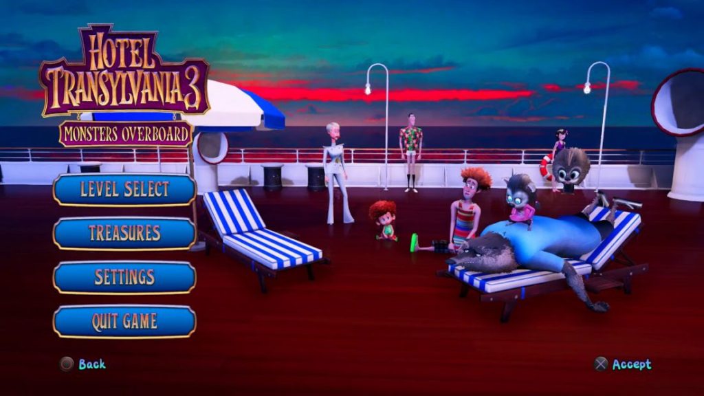 The Main Menu of Hotel Transylvania 3 is a stark illustration of the graphical elements within the game to come.