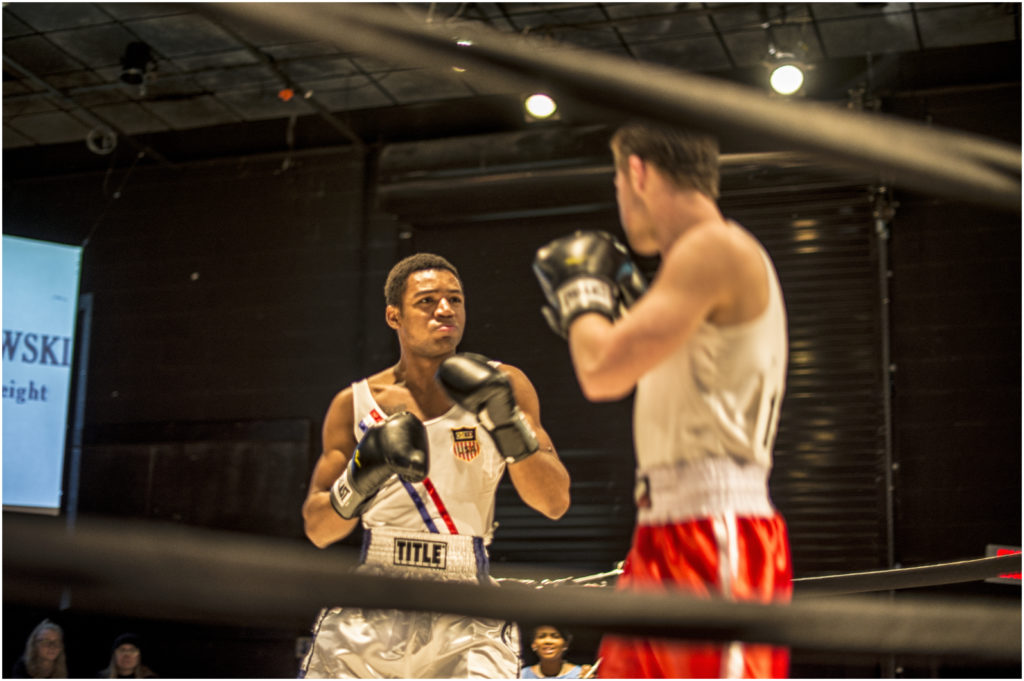 Freshman Jordan Hicks (left) and senior Dashawn Crawford reenact the 1960 Olympic boxing match between Cassius Clay and Zigzy Piertzykowski. PHOTO / PIEDMONT COLLEGE