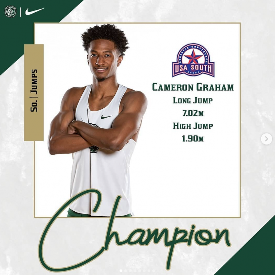 Cam+Graham%2C+senior+mass+communications+major%2C+is+the+2019+USA+South+Champion+for+long+jump+and+high+jump
