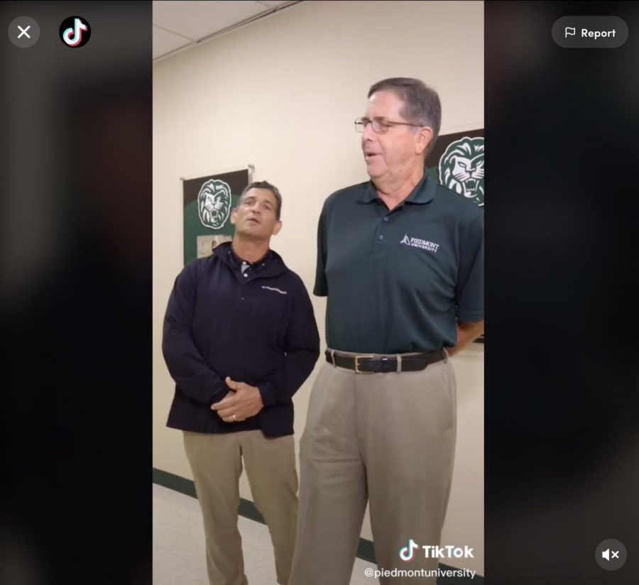 Piedmont Universitys first TikTok Video, featuring Dr. Dale Van Cantfort and Athletic Director Jim Peeples. // Photo Courtesy Piedmont University TikTok