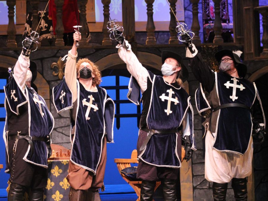 Aramis (Hunter Reum), D’Artagnan (Garrett Smith), Athos (Carson Letner), and Porthos (understudy Dom Fox) during the final dress rehearsal of Piedmont University’s production of “The Three Musketeers.” The show will run Feb. 17-20 at the Swanson Center Main Stage. PHOTO//ROWAN EDMONDS
