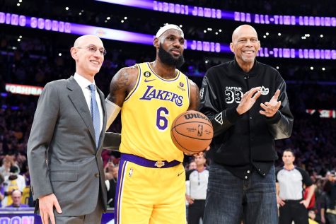 Adam Silver, from left, poses with LeBron James and Kareem Abdul-Jabbar after James surpassed Abdul-Jabbars long-held record
PHOTO//Wally Skalij / Los Angeles Times / MCT Campus