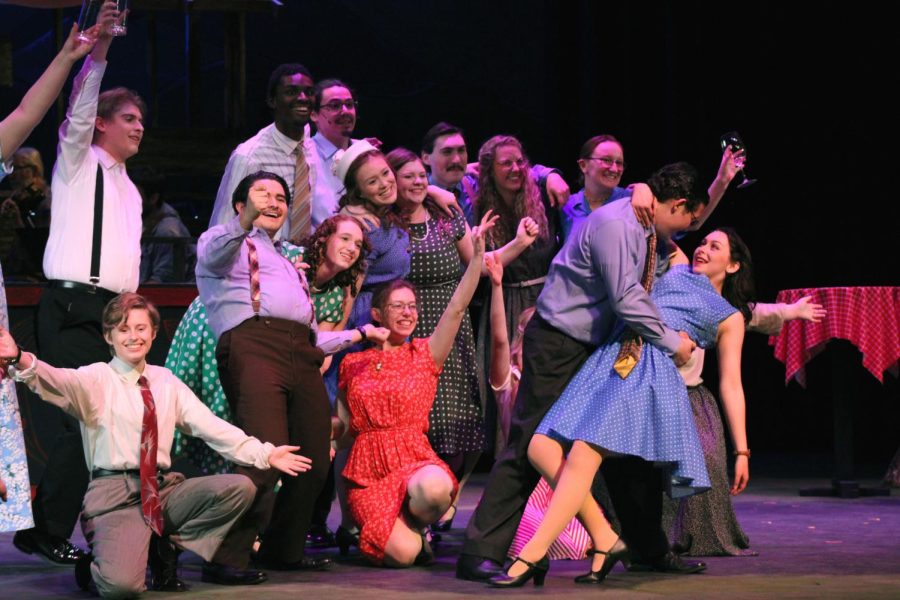 Gabriel Richman, playing Billy, dips Carly Jelinek, playing Lucy as the song “Another Round” comes to a close. The pair are surrounded by an ensemble of cast. (From left to right) [Top row] DC Stoltz, Dante Wilson, Joshua Farmer [Middle row] Ethan Spinks, Ally Kaspor, Dakota Rose Chen, Hayley Scroggins, Clayton Maddox, Hannah Willems, Hannah Sheffield [Bottom row] Max Daves and Jo Collinson. “Bright Star” will be performed on Piedmont University’s Mainstage Theatre Mar. 30 - April 2. Photo // Hannah Osborne 