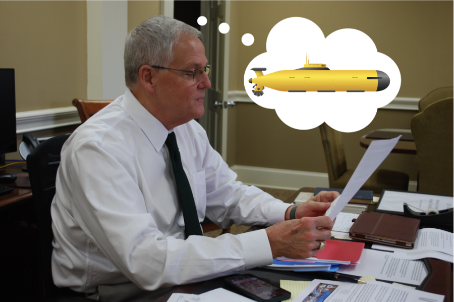 Piedmont University president Marshall Criser has been thinking about submarine travel since he arrived on campus. The recent storms caused the execution of this plan. PHOTO// Hannah Osborne with edits by Samantha Carvallo
