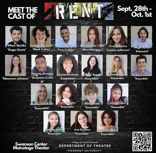 This is the full cast list for the Piedmont University Theatre Department’s of “RENT”. 
Piedmont University Theatre Department. (2023) RENT Cast List. [Photograph] Instagram. 