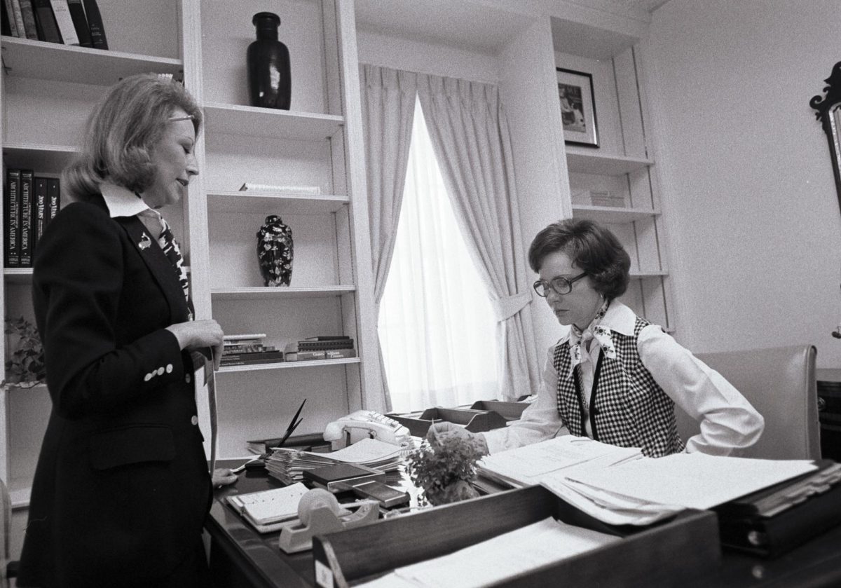 Rosalynn Carter was the first First Lady to carry a briefcase to her office in
the East Wing each day and established the Office of the First Lady’s
Projects. Here she is with her personal assistant, Madeline MacBean, on
March 17, 1977. (Credit: Jimmy Carter Library)