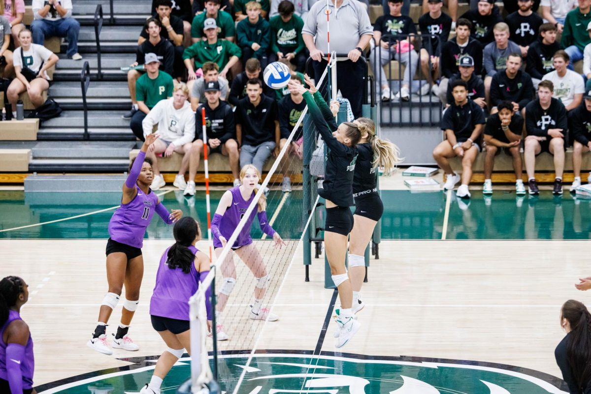 Junior Jessica Sconyers gets the block against Agnes Scott. The Lions shutout the Scots in three sets, improving their conference record to 9-3. 