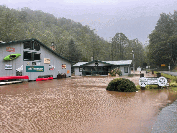 Headwater Outfitters in Rosman, N.C., underwater after Hurricane Helene.