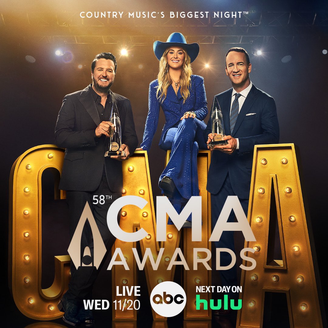 58th CMA Awards promotional advertisement featuring hosts Luke Bryan, Lainey Wilson and Peyton Manning.