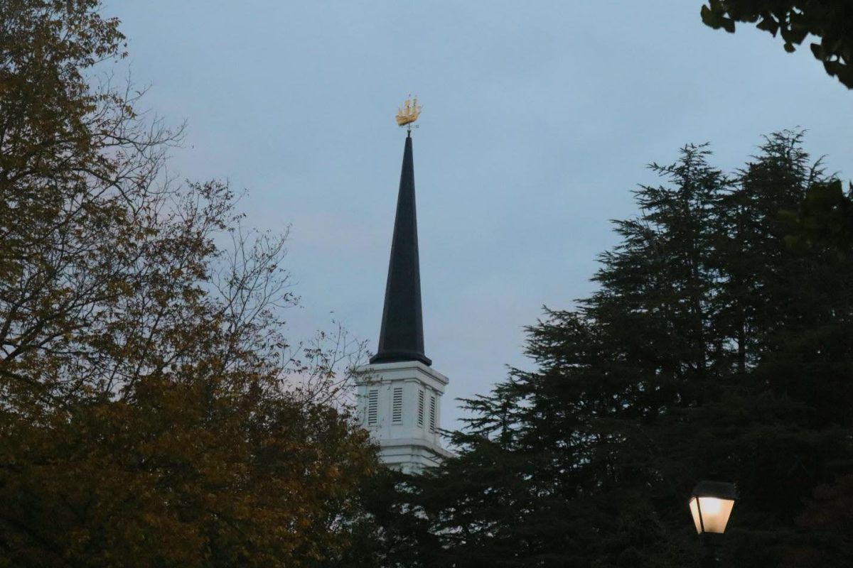 A photo of the steeple of Piedmont’s chapel at dusk taken from the quad. 