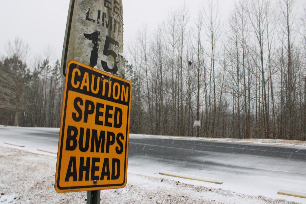 Snow and ice cover all campus roads, including College Drive.