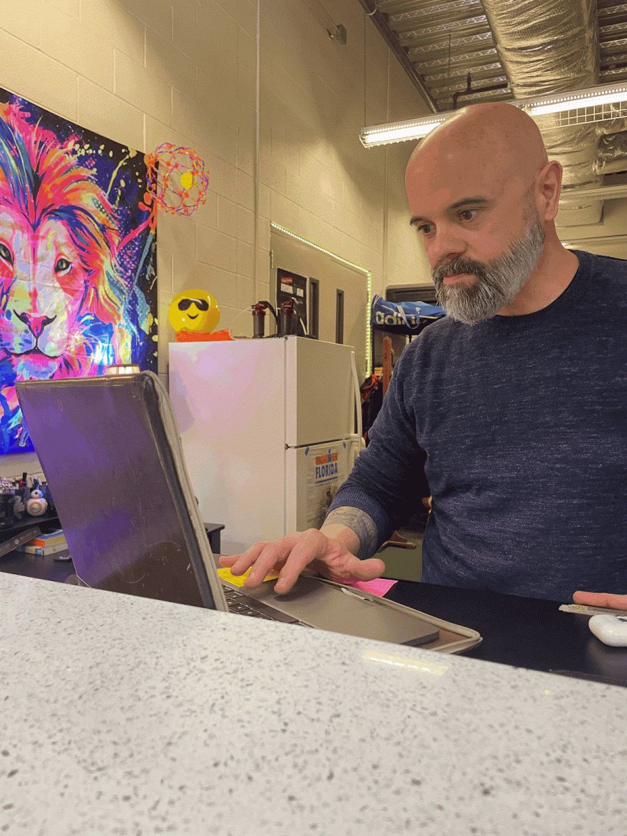 Piedmont Student Life Director Jason Croy working at his desk in “The Lions Den,” located next to the Commons Gym.