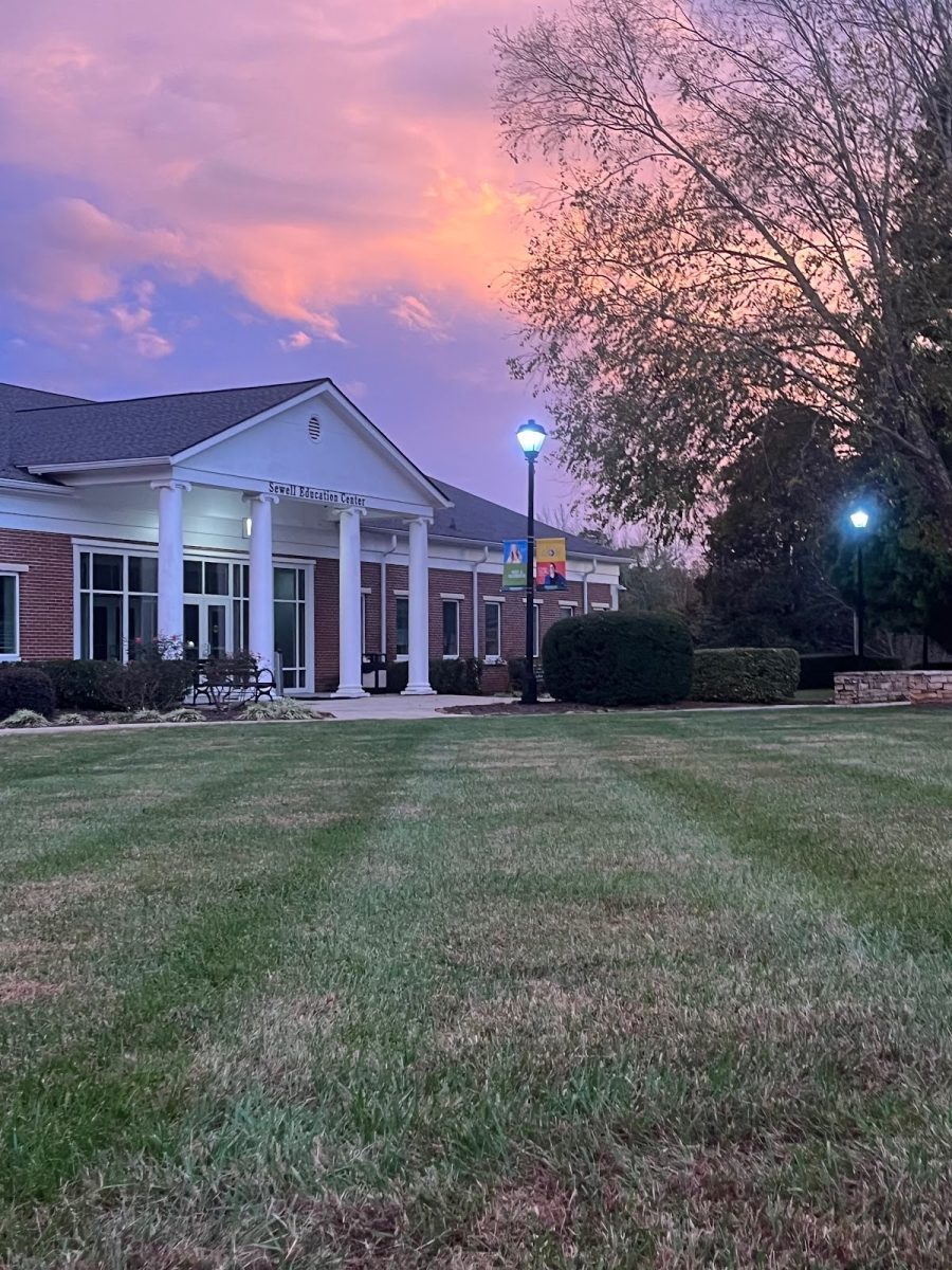 Piedmont University’s Sewell Education Center taken from the campus quad at sunset.