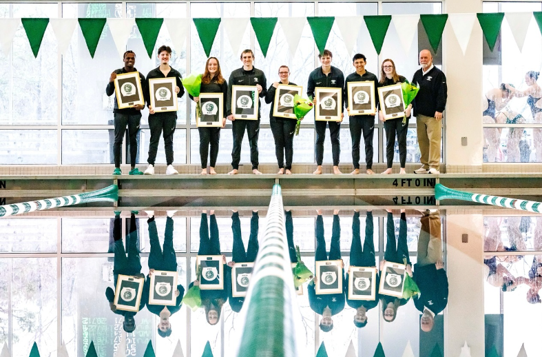 Senior swimmers are honored for their contributions to the program.  (Mooreshots LLC)