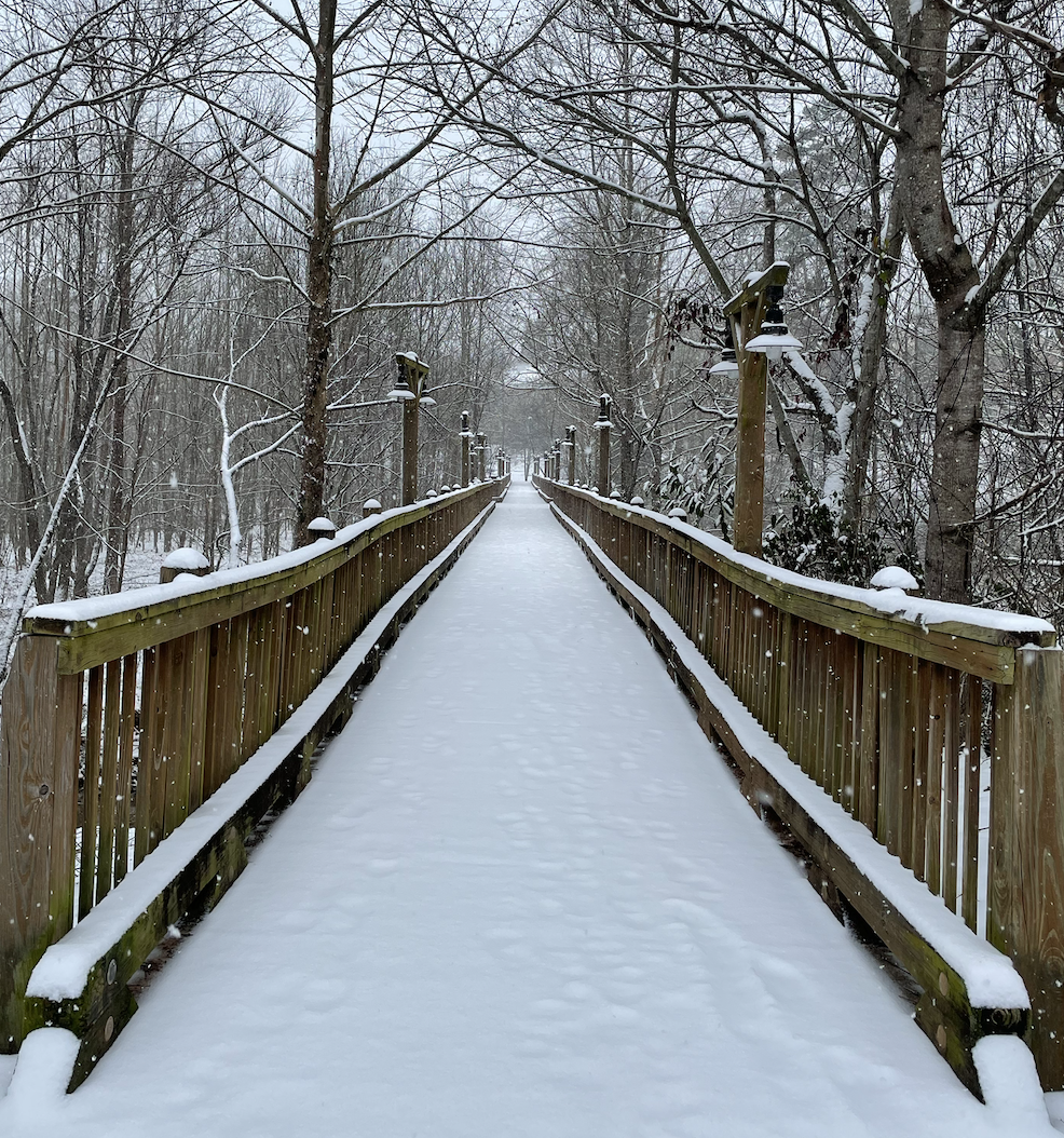 The Swanson Bridge at Piedmont is covered in its first snow of 2025.