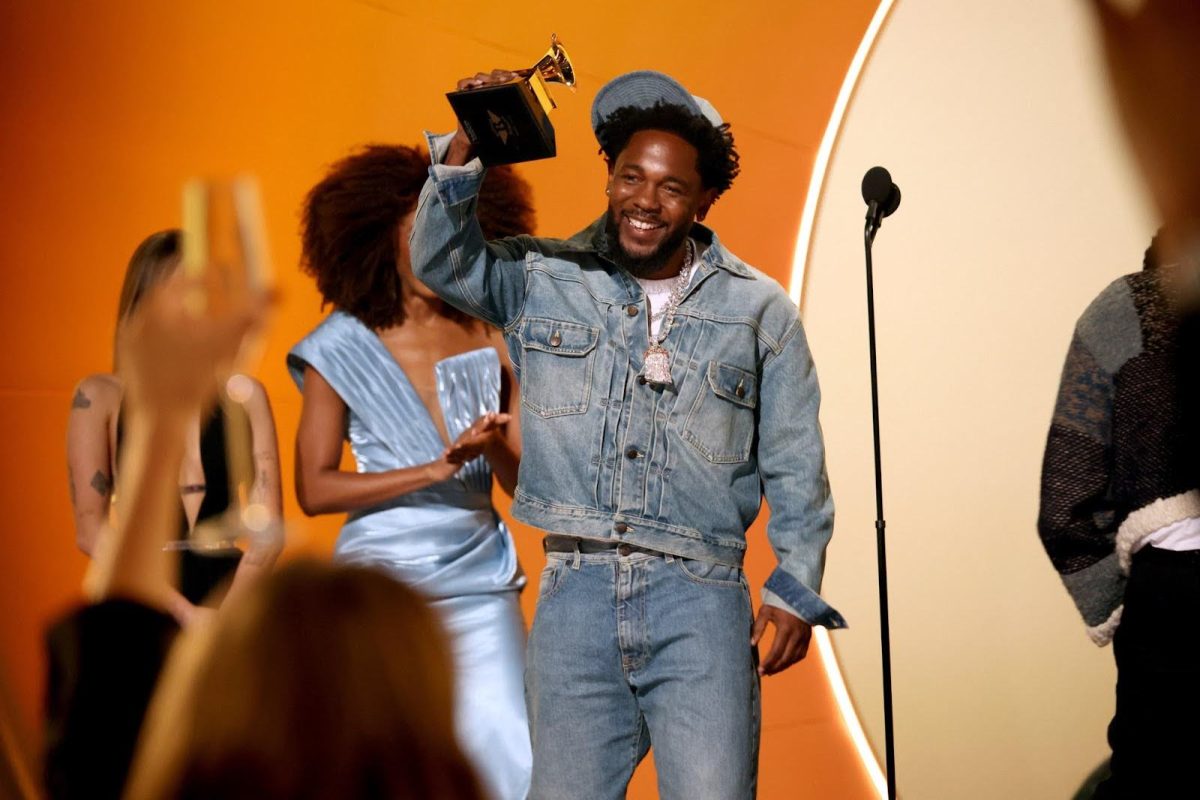 Kendrick Lamar accepting his Grammy Award for Record of the Year. He dedicated his award to his hometown of Compton, California. (Johnny Nunez/Getty Images for the Recording Academy)