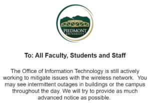 A screenshot of an email sent from the Piedmont University IT Department. 