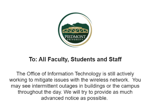 A screenshot of an email sent from the Piedmont University IT Department. 
