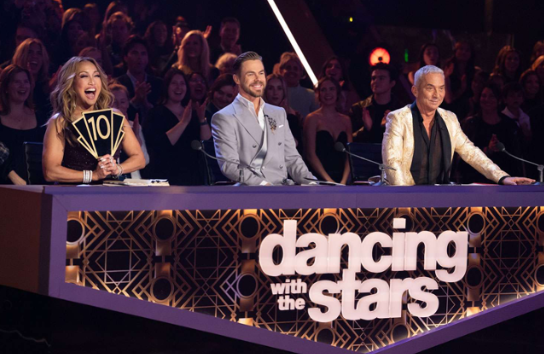 Judges of Dancing with the Stars, Carrie Ann Inaba (left), Derek Hough, Bruno Tonioli (right),  showing their scores of the stars’ dance.