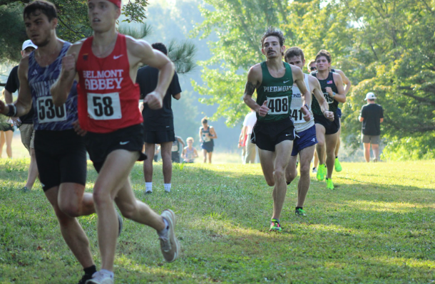 Graduate student Layton Bradford nearing the finish line at the Converse Invitation, Piedmont University’s third meet from the 2024 season.