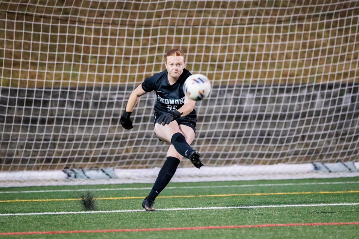 Senior Hannah Thompson kicks the ball into play. The goalkeeper scored the first goal of her collegiate career Oct. 1 against Wesleyan College on a penalty kick.