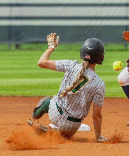 Freshman Mandi Peretti sliding into second base vs Berry College. Peretti logged 2 runs in a 8-3 victory. 