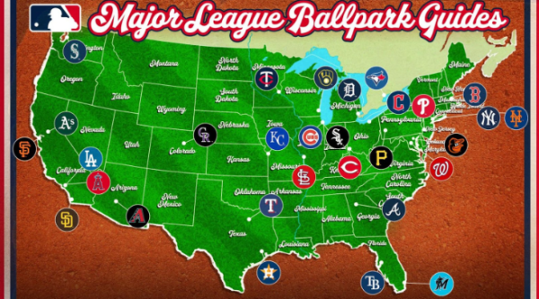 A map of the locations of each MLB ballpark, showcasing the proximity of certain teams to each other, or the lack of teams in certain areas, such as the Northwest.